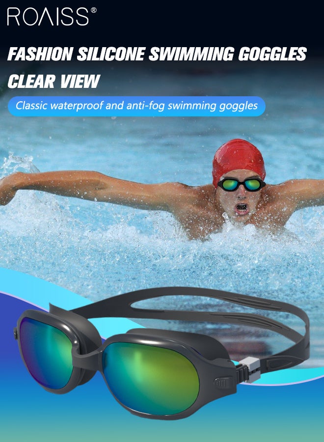 رويس نظارات سباحة للكبار مع حشية سيليكون ناعمة، مضادة للضباب ولا تتسرب، نظارات سباحة واضحة الرؤية، نظارات سباحة للرجال والنساء والشباب، معدات سباحة مطلية باللونين الأسود والذهبي قابلة للتعديل - Image 1