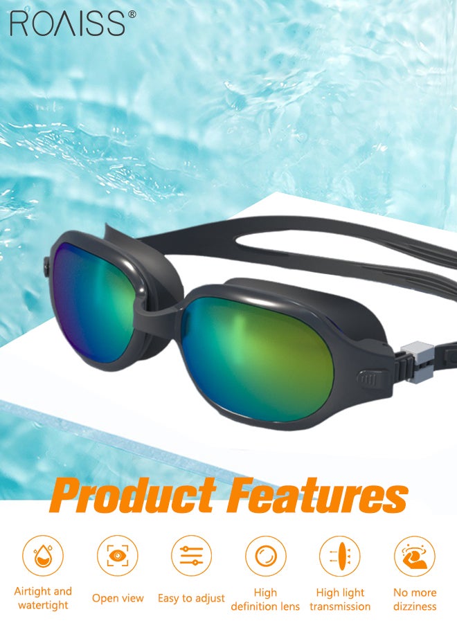 رويس نظارات سباحة للكبار مع حشية سيليكون ناعمة، مضادة للضباب ولا تتسرب، نظارات سباحة واضحة الرؤية، نظارات سباحة للرجال والنساء والشباب، معدات سباحة مطلية باللونين الأسود والذهبي قابلة للتعديل - Image 2