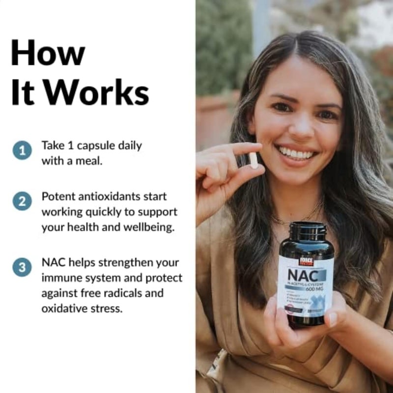 Force Factor فورس فاكتور NAC 600 ملغ ن-أسيتيل سيستين لصحة الكبد دعم المناعة إنتاج مضادات الأكسدة جرعة مدروسة سريرياً 200 حصة - Image 4