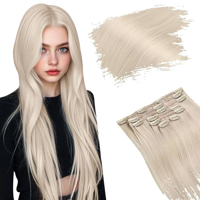 Ugeat Platinum Blonde Clip in Hair Extensions Thick Full Head Platinum Blonde Hair Extensions Real Human Hair Clip ins for Women Natural Texture 7Pcs 16 Inch 120G