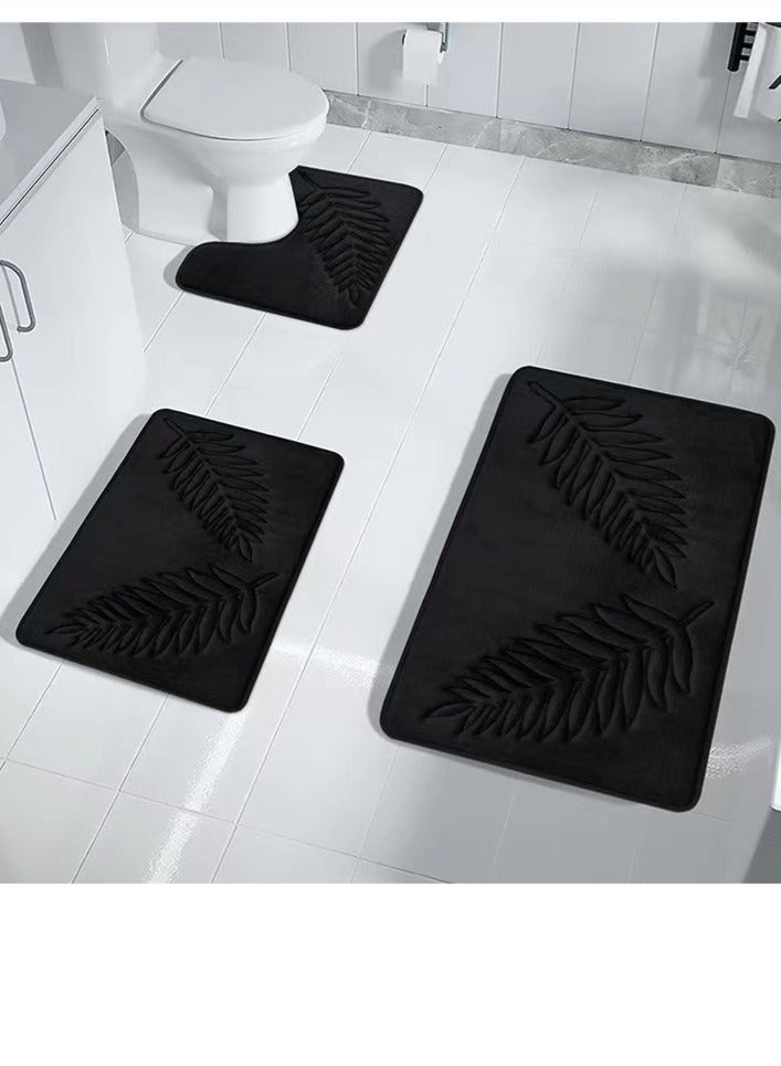 Arabest 3-Pieces European Simple Style Toilet Floor Mat Suit Bathroom Carpet Set Polyester Fiber Black - Image 1
