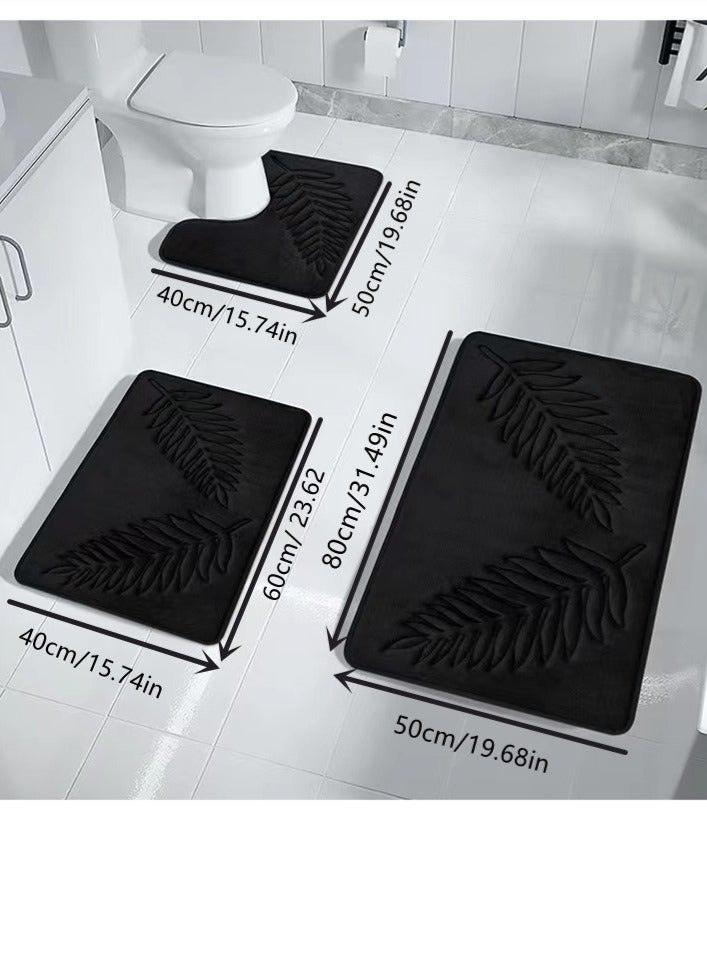 Arabest 3-Pieces European Simple Style Toilet Floor Mat Suit Bathroom Carpet Set Polyester Fiber Black - Image 3