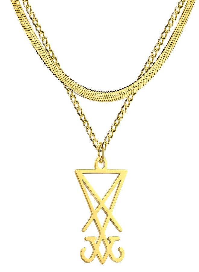 EUEAVAN Sigil of Lucifer Pendant Necklace Stainless Steel Satanic Symbol Pendant Necklace Seal of Satan Lucifer Pendant Pagan Wiccan Jewelry Religious Necklace (Gold (Double Layered)) - Image 1