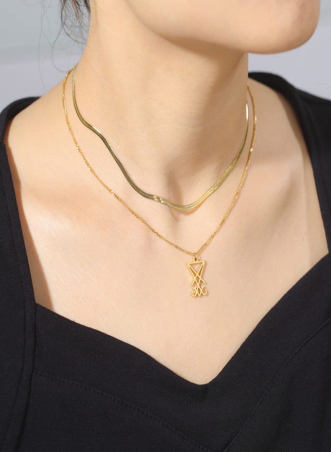EUEAVAN Sigil of Lucifer Pendant Necklace Stainless Steel Satanic Symbol Pendant Necklace Seal of Satan Lucifer Pendant Pagan Wiccan Jewelry Religious Necklace (Gold (Double Layered)) - Image 2