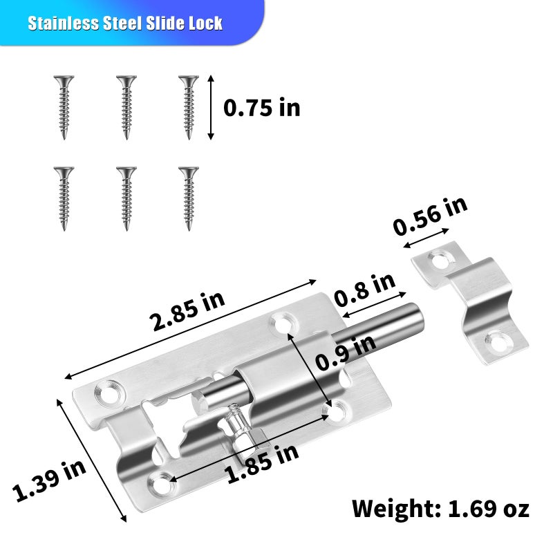 INBOF 2 Pack Slide Lock, 3 Inch Barrel Bolt Latch, Door Latch Lock with 12 Screws, Stainless Steel Slide Locks for Inside Door - Image 2