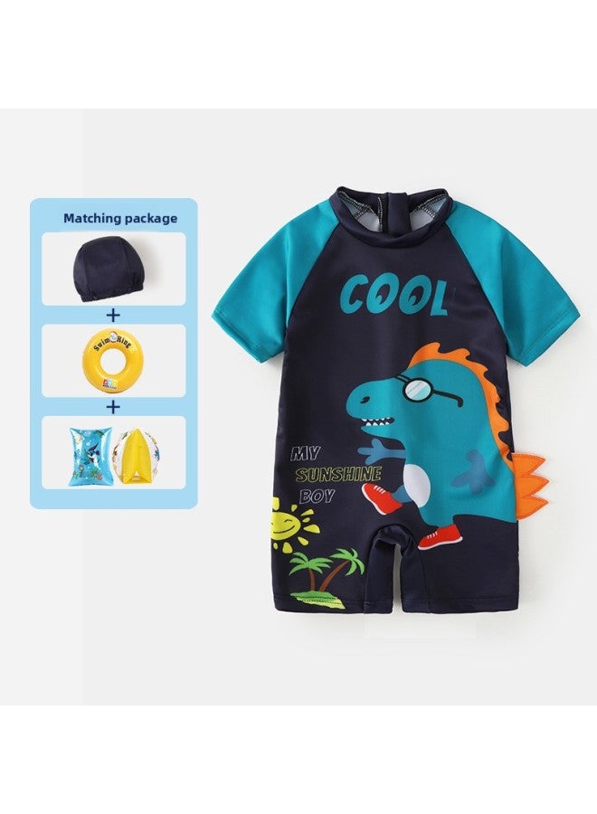 Loquat Children's Swimwear Boys' Hooded Swimming Suit Kids Boys Swimming Trunks Big Kids Professional Hot Spring Swimwear-Color:Glasses Dinosaur One-Piece Swimsuit Cap AB Swim Circle Arm Circle- - Image 1