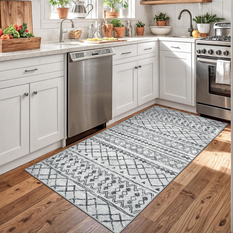 KUTA 3x5 Entryway Rug, Grey Non-Slip Washable Low-Pile Boho Moroccan Living Room Area Rug, Ultra Soft Distressed Geometric Print Throw Carpet for Entrance, Bedroom, Nursery, Dorm, Kitchen - Image 2