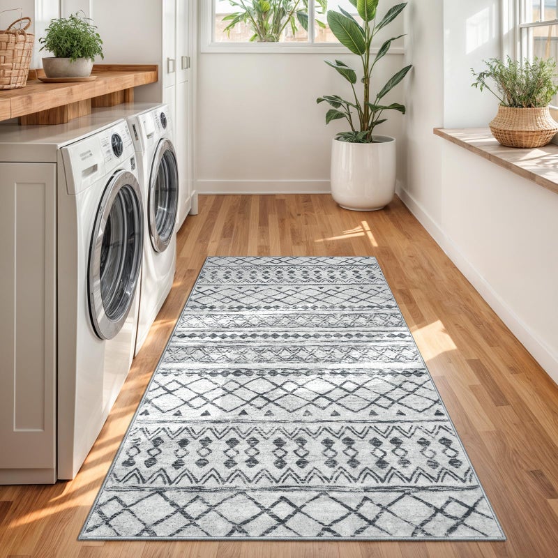 KUTA 3x5 Entryway Rug, Grey Non-Slip Washable Low-Pile Boho Moroccan Living Room Area Rug, Ultra Soft Distressed Geometric Print Throw Carpet for Entrance, Bedroom, Nursery, Dorm, Kitchen - Image 3
