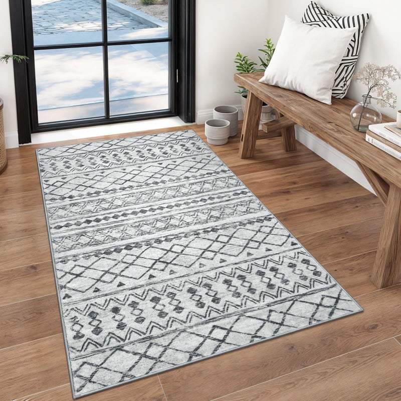 KUTA 3x5 Entryway Rug, Grey Non-Slip Washable Low-Pile Boho Moroccan Living Room Area Rug, Ultra Soft Distressed Geometric Print Throw Carpet for Entrance, Bedroom, Nursery, Dorm, Kitchen - Image 1