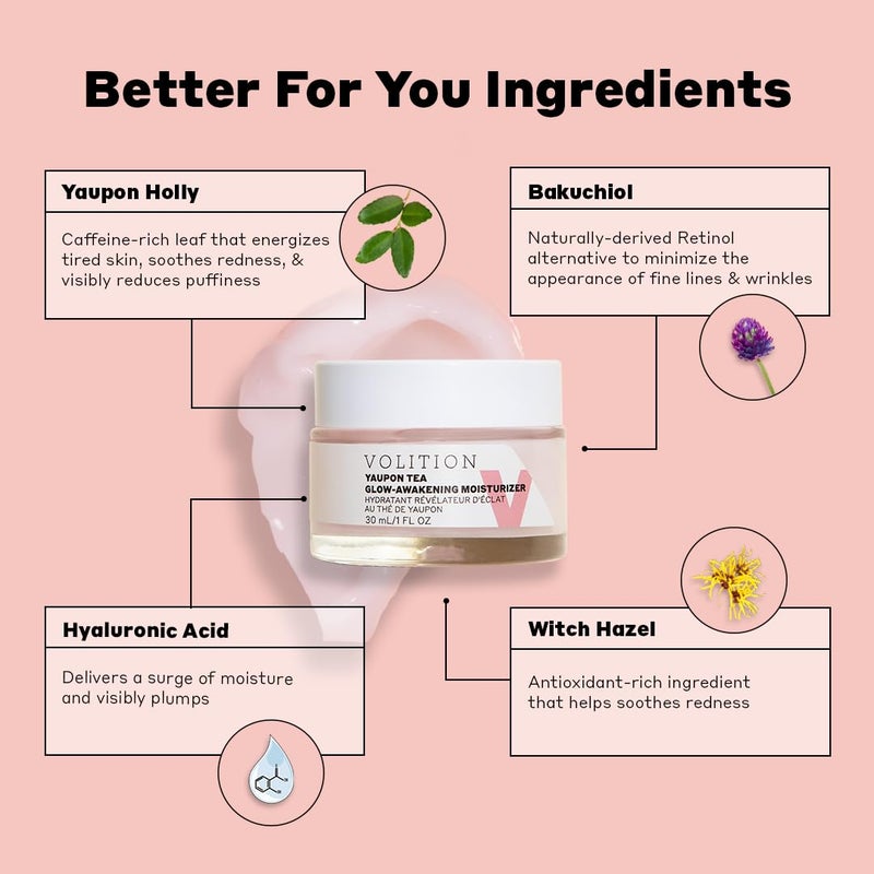 Volition Beauty Yaupon Tea Glow-Awakening Moisturizer with Bakuchiol + Hyaluronic Acid | Caffeinated Facial Cream Energizes Tired Skin | Natural Retinol Alternative Reduces Look of Wrinkles (1 fl oz) - Image 3