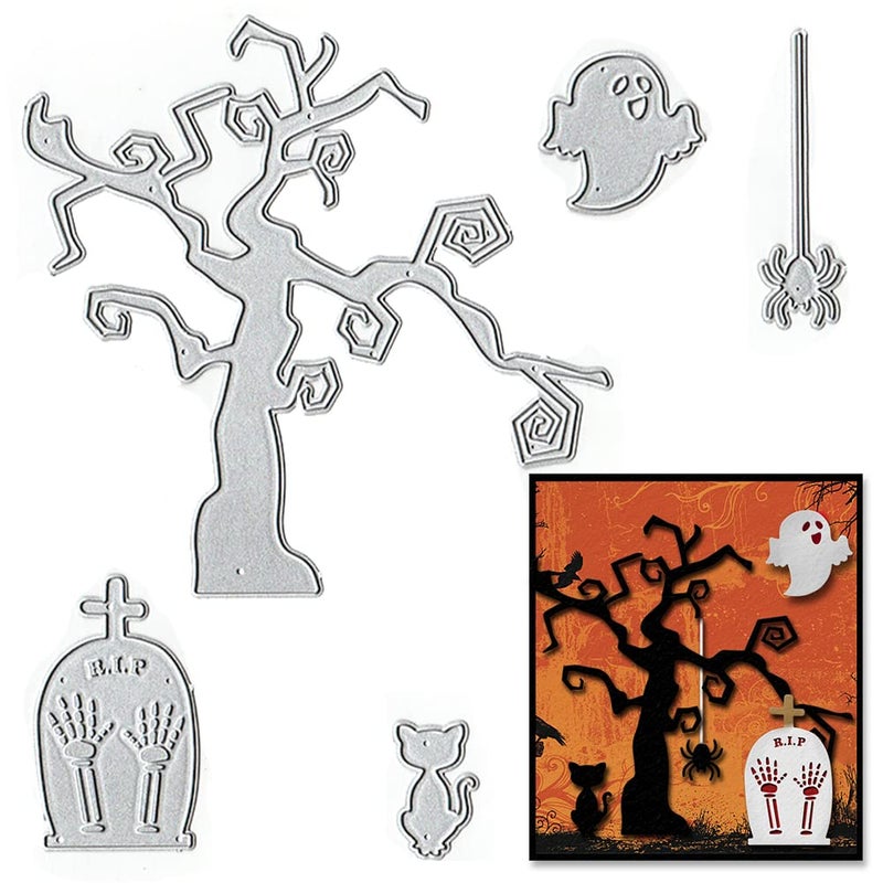 Threetols Metal Halloween Witch Cutting Dies Witch Background Die Cuts Stencils Bat Star Cat Metal Dies for Card Making Paper Crafting Scrapbooking and DIY Craft Album Paper Card Halloween Decor