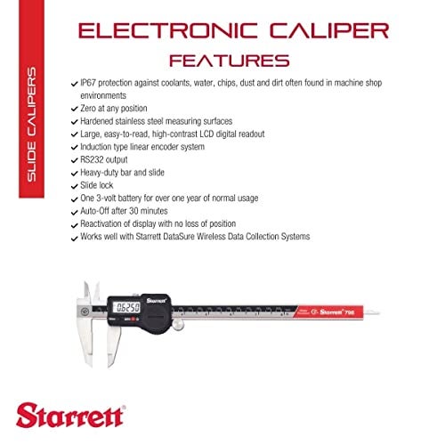Starrett Stainless Steel IP67 Electronic Slide Caliper - 0-8" Range, .0005" Resolution, LCD Display, RS232 Output, Fine Adjustment, Slide Lock, In/mm Conversion - 798B-8/200 - Image 2