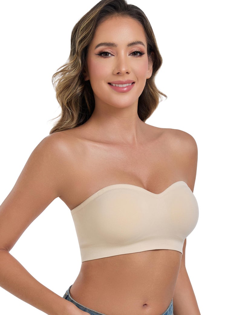ANGOOL Strapless Bras for Women Wirefree Non-Slip Tube Top Invisible Bralette Seamless Padded Bandeau Bra, Beige, L - Image 2