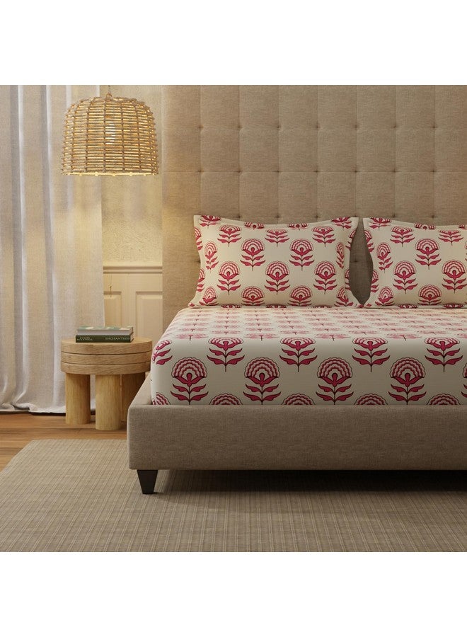 Urban Space Urban Space Serene 200 TC 100% Cotton Bedsheet for King Bed, Cotton King Bedsheet with 2 Pillow Covers (Florabell Cherry Red, Size 108 x 108 inches)  - Image 1