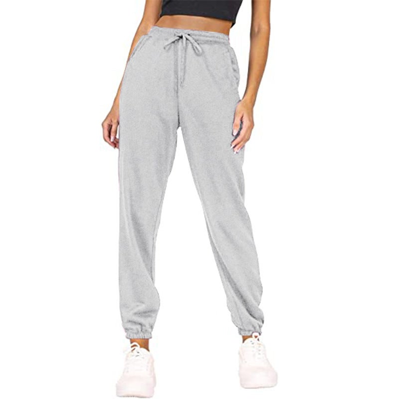 Womens High Waist Velvet Joggers Casual Sweatpants White - Image 3