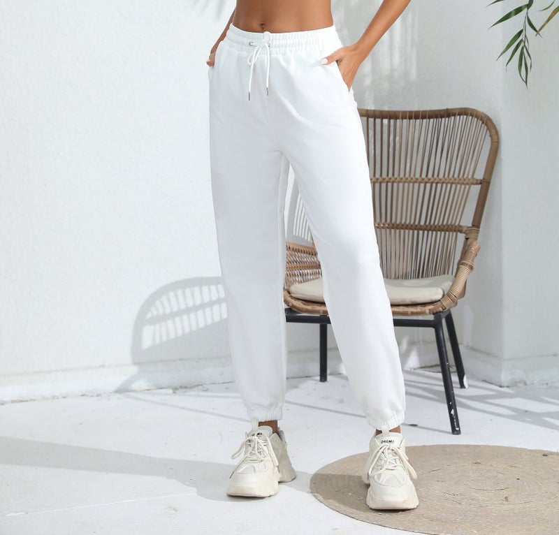 Womens High Waist Velvet Joggers Casual Sweatpants White - Image 5