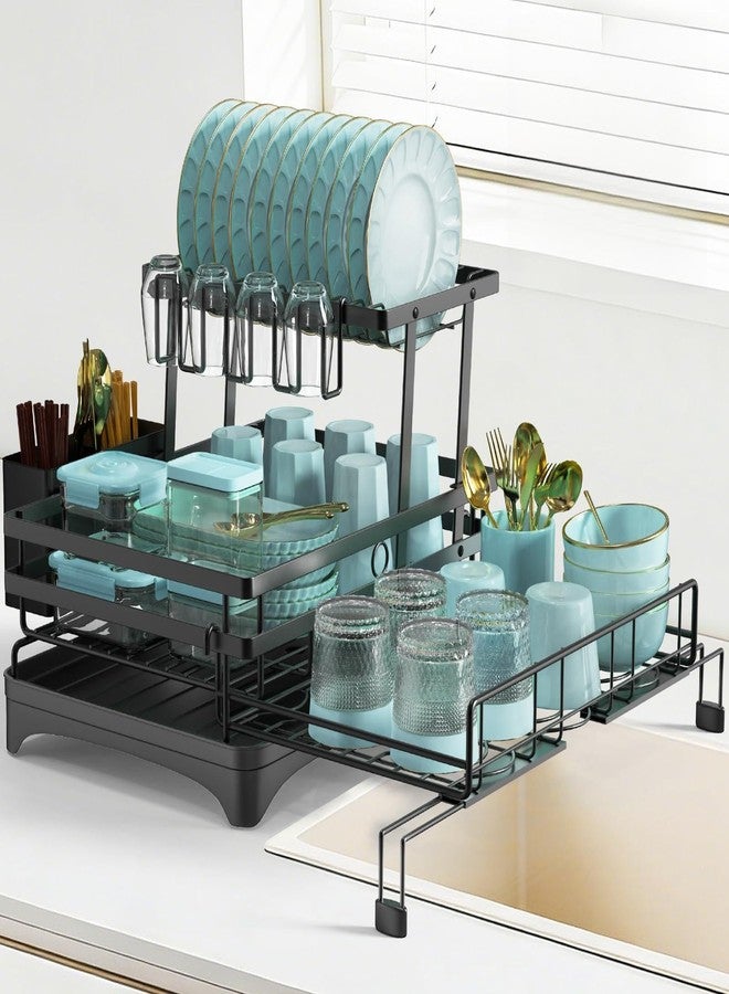 AULEEP 2 Tier Dish Drying Rack, 2-in-1 Expandable Dish Racks for Kitchen Counter, Anti-Rust Large Drainers for Kitchen Sink with Drying Mat, Cups Holder, Utensil Holder - Image 1