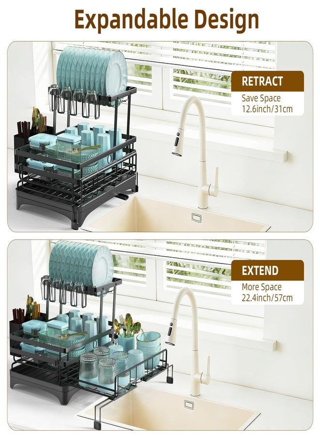 AULEEP 2 Tier Dish Drying Rack, 2-in-1 Expandable Dish Racks for Kitchen Counter, Anti-Rust Large Drainers for Kitchen Sink with Drying Mat, Cups Holder, Utensil Holder - Image 2