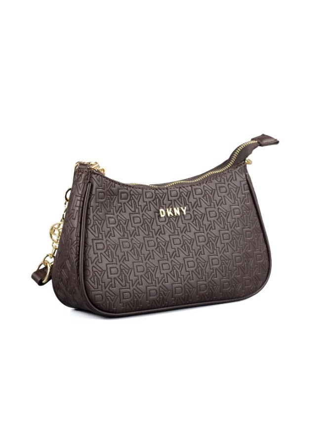 Donna Karan 2026 New Style Women Curved Baguette Shoulder Bag DKNY Inspired Monogram Print PU Leather  Gold Chain Underarm Handbag With Back Zipper Pocket Ready Stock - Image 2
