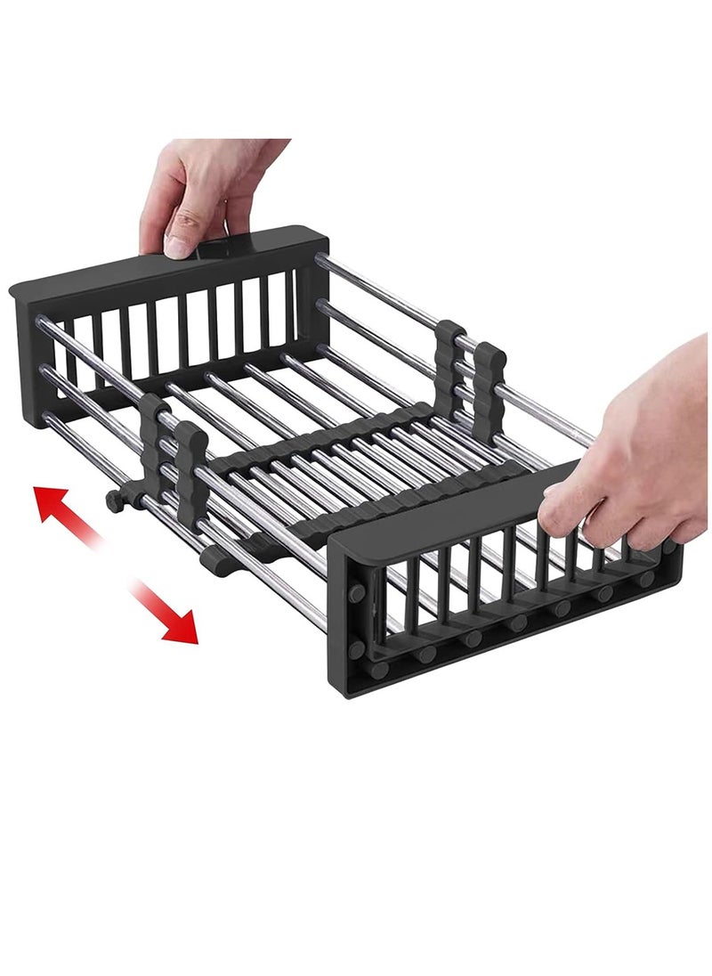 Arabest Expandable Kitchen Sink Dish Drainer, Telescopic Drain Basket with Board Divider, Kitchen Rack Drain Basket for Vegetable and Fruit(Black)  - Image 1
