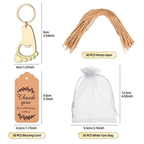Winocbxt 50PC Footprint Keychain Bottle Opener Baby Shower Favors for Guest Baby Shower Souvenirs, Gifts, Supplies and Decorations, Baby Shower Souvenirs with Organza Bag Thank You Tag 20m String (Gold) - Image 2