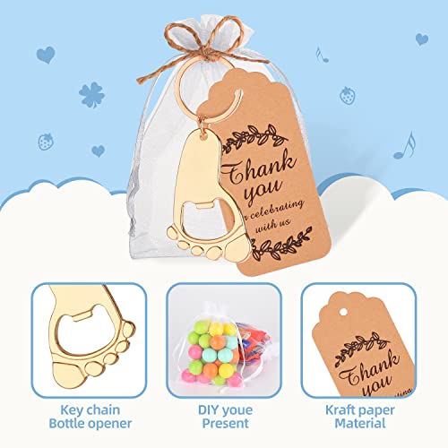 Winocbxt 50PC Footprint Keychain Bottle Opener Baby Shower Favors for Guest Baby Shower Souvenirs, Gifts, Supplies and Decorations, Baby Shower Souvenirs with Organza Bag Thank You Tag 20m String (Gold) - Image 3
