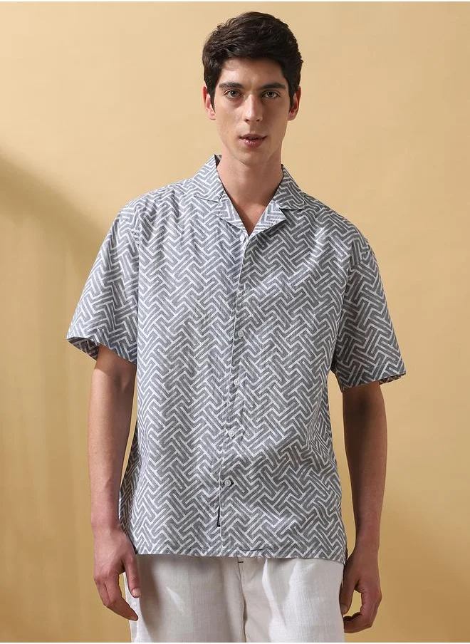 Dennis Lingo Grey 100% cotton Printed Pattern Relaxed Fit Shirts for Men with Cuban Collar Neckline Half Sleeves Regular Length Upper Body Wear Button Down Button Closure Woven Weave - Perfect for Lifestyle Occasions