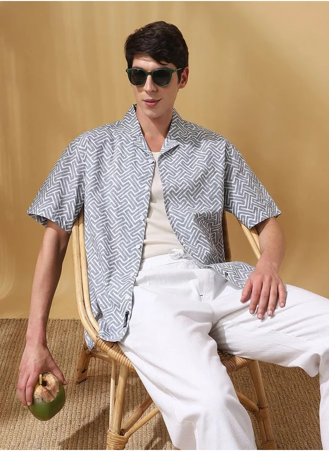 Dennis Lingo Grey 100% cotton Printed Pattern Relaxed Fit Shirts for Men with Cuban Collar Neckline Half Sleeves Regular Length Upper Body Wear Button Down Button Closure Woven Weave - Perfect for Lifestyle Occasions