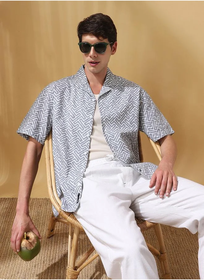 Dennis Lingo Men's Grey 100% Cotton Printed Button Down Relaxed Shirt