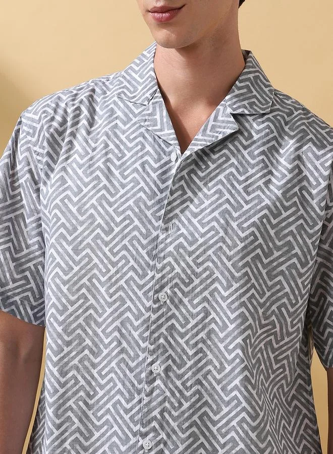 Dennis Lingo Men's Grey 100% Cotton Printed Button Down Relaxed Shirt