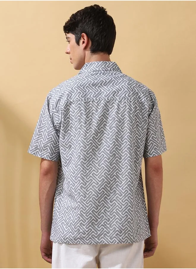 Dennis Lingo Men's Grey 100% Cotton Printed Button Down Relaxed Shirt