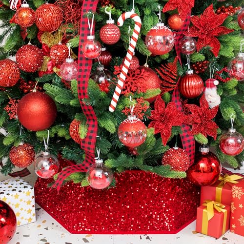 XmasExp Christmas Tree Collar, 33.5 inch Sequin Tree Skirt Stand Base Cover for Home Decor, Large Size 6 Piece, Red - Image 1