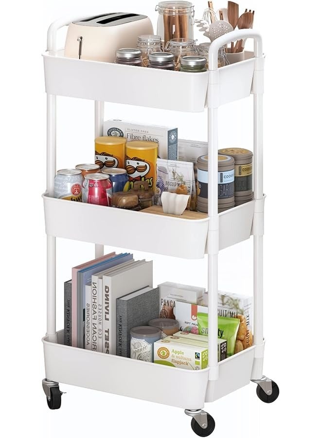 PROMASS 3-Tier Plastic Rolling Utility Cart with Handle, Multi-Functional Storage Trolley for Office, Living Room, Kitchen, Movable Storage Organizer with Wheels, White  - Image 1