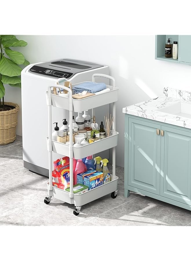 PROMASS 3-Tier Plastic Rolling Utility Cart with Handle, Multi-Functional Storage Trolley for Office, Living Room, Kitchen, Movable Storage Organizer with Wheels, White  - Image 3