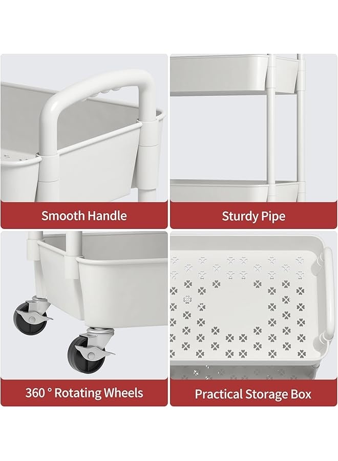 PROMASS 3-Tier Plastic Rolling Utility Cart with Handle, Multi-Functional Storage Trolley for Office, Living Room, Kitchen, Movable Storage Organizer with Wheels, White  - Image 2
