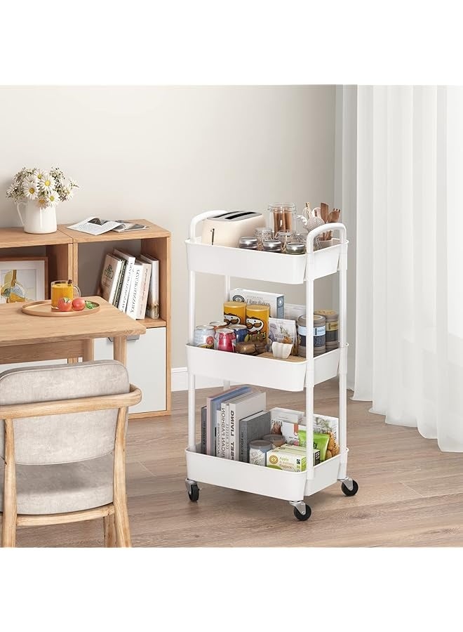 PROMASS 3-Tier Plastic Rolling Utility Cart with Handle, Multi-Functional Storage Trolley for Office, Living Room, Kitchen, Movable Storage Organizer with Wheels, White  - Image 5