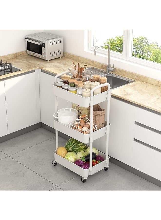 PROMASS 3-Tier Plastic Rolling Utility Cart with Handle, Multi-Functional Storage Trolley for Office, Living Room, Kitchen, Movable Storage Organizer with Wheels, White  - Image 4