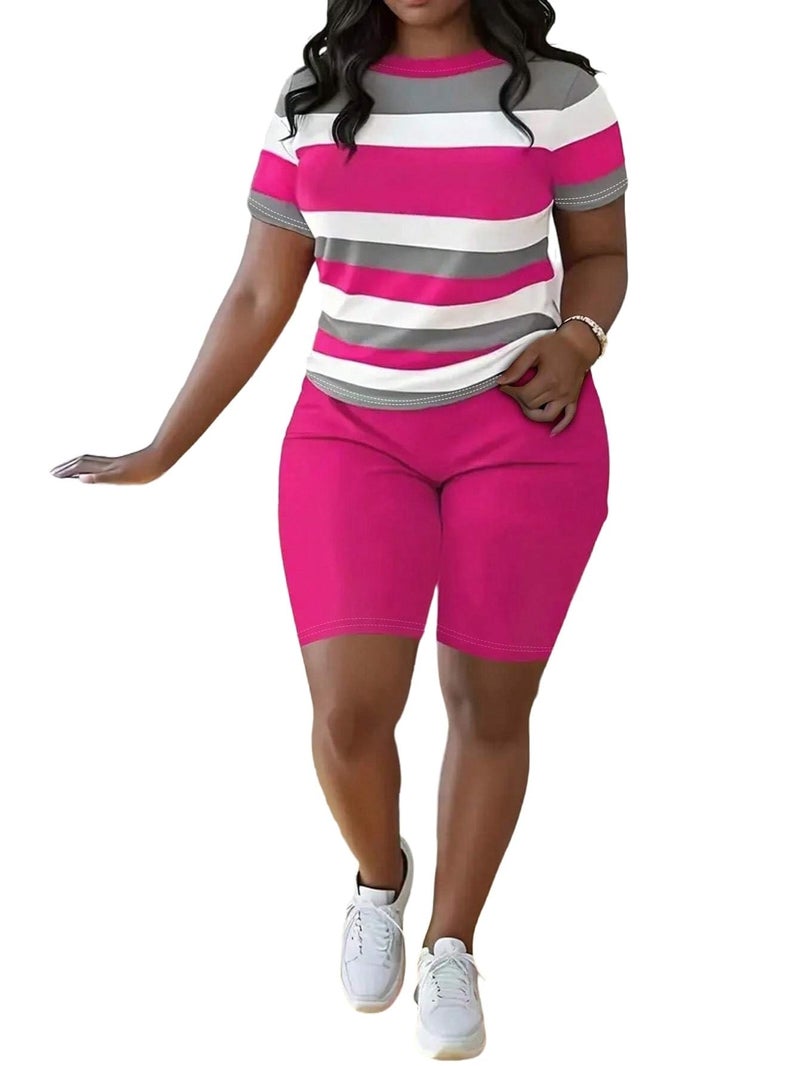 HBQ Women Two Piece Outfits Summer Sweatsuits Bodycon Track Suits Biker Short Workout Jogger Sets Stripe S - Image 1