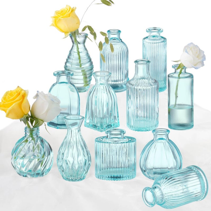 Bud Vases Set of 12 Blue Glass Vase Small Vintage Flower Vase for Decor Ribbed Glass Bud Vases in Bulk Wedding Decor Bridal Shower Party Centerpieces Home Room Table Decorations