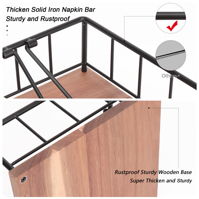 Livabber Flat Napkin Holder, Metal Kitchen Napkin Storage with Weighted Tension Arm Rustic Tissue Paper Dispenser for Countertop, Table Kitchen, Dining Room (With Wooden Base, Black) - Image 3