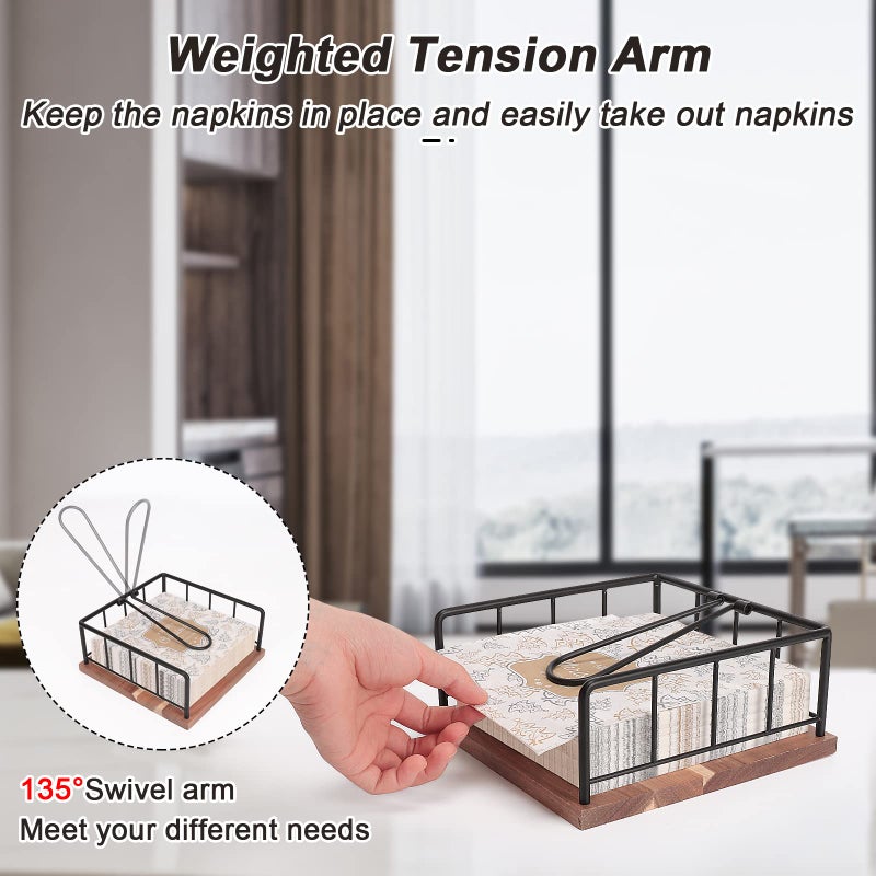Livabber Flat Napkin Holder, Metal Kitchen Napkin Storage with Weighted Tension Arm Rustic Tissue Paper Dispenser for Countertop, Table Kitchen, Dining Room (With Wooden Base, Black) - Image 4