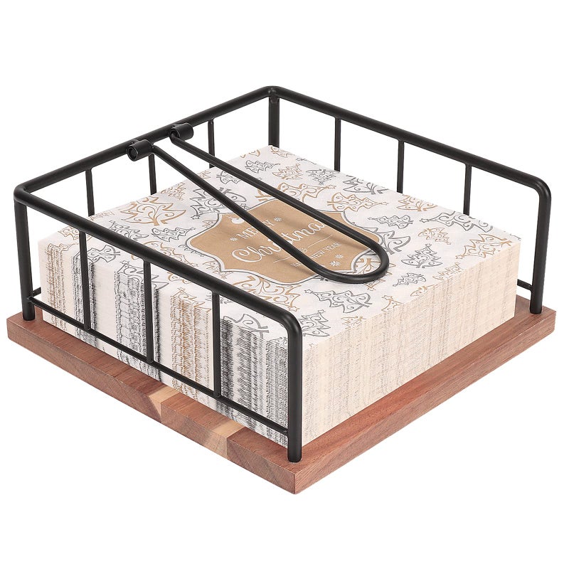 Livabber Flat Napkin Holder, Metal Kitchen Napkin Storage with Weighted Tension Arm Rustic Tissue Paper Dispenser for Countertop, Table Kitchen, Dining Room (With Wooden Base, Black) - Image 1