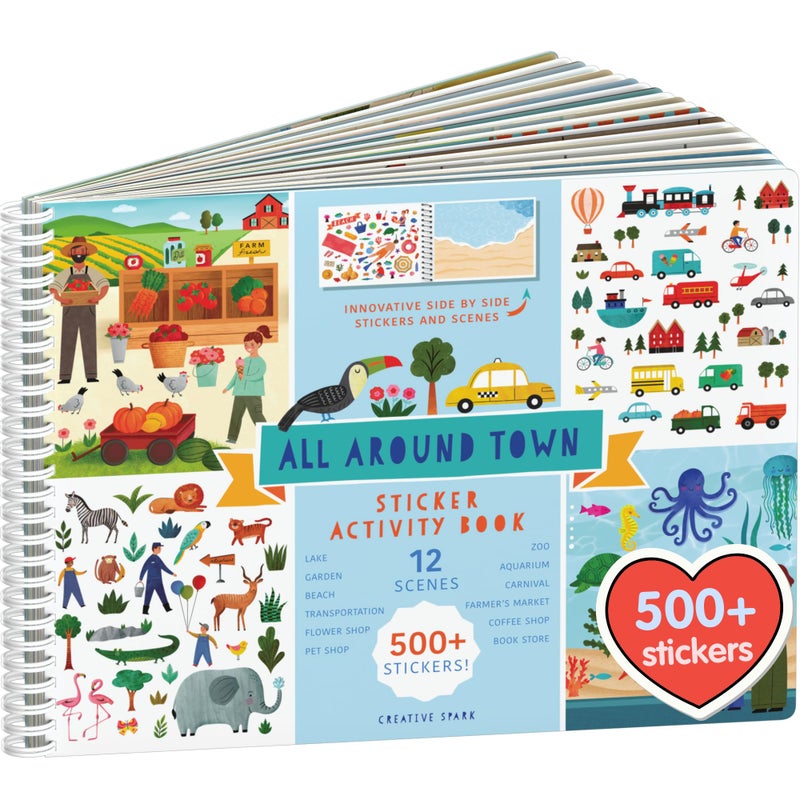 CUPKIN Sticker Book for Kids 2-4, 500+ Kids Stickers, All Around Town by Cupkin, 12 Coloring Pages, 12 Side by Side Scenes, Fun Toddler Travel Activity Coloring and Sticker Books for Ages 4-8 + 8-10 - Image 1