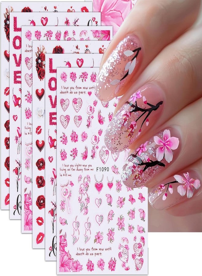 Valentines Nail Art Stickers Red Hearts Nail Decals Love Red Lips Nail Design Rose Flower Nail Stickers for Nail Art Decoration Valentine's Day 3D DIY Nail Sticker for Women Manicure Accessories 6Pcs - Image 1