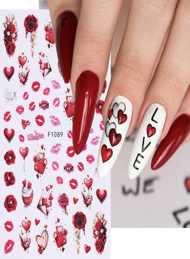Valentines Nail Art Stickers Red Hearts Nail Decals Love Red Lips Nail Design Rose Flower Nail Stickers for Nail Art Decoration Valentine's Day 3D DIY Nail Sticker for Women Manicure Accessories 6Pcs - Image 3