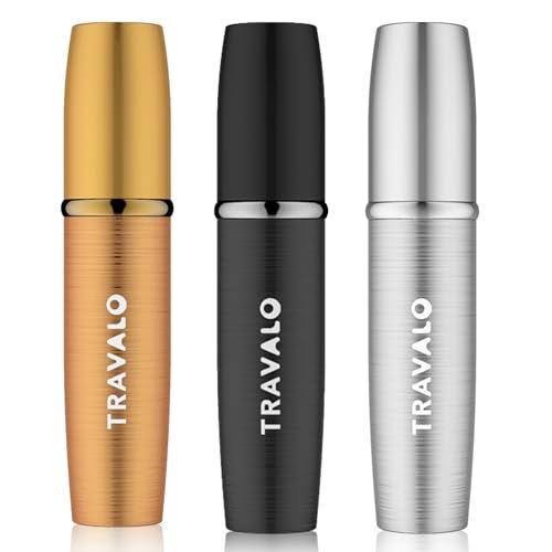 Travalo LUX Perfume Atomizer Bundle LeakProof and TSA Approved for Air Travel Reusable Easy Fill Mini Pump Sprayer Lightweight Brushed Polished Metal Gold Black Silver 3 Pack - Image 2