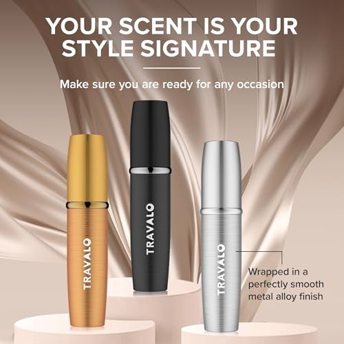 Travalo LUX Perfume Atomizer Bundle LeakProof and TSA Approved for Air Travel Reusable Easy Fill Mini Pump Sprayer Lightweight Brushed Polished Metal Gold Black Silver 3 Pack - Image 5