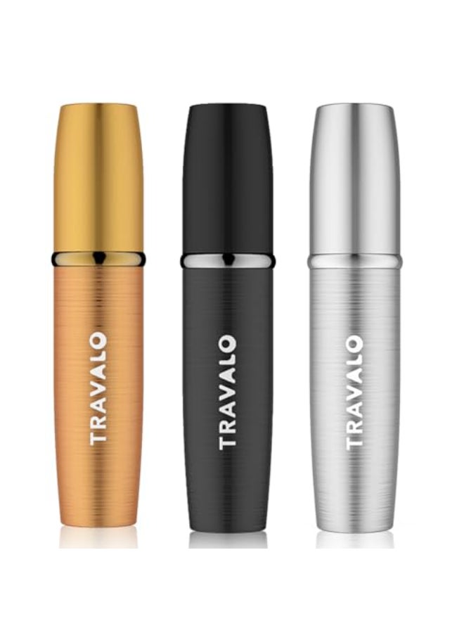 Travalo LUX Perfume Atomizer Bundle LeakProof and TSA Approved for Air Travel Reusable Easy Fill Mini Pump Sprayer Lightweight Brushed Polished Metal Gold Black Silver 3 Pack - Image 1
