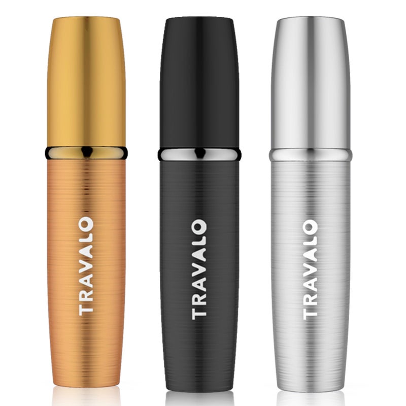 Travalo LUX Perfume Atomizer Bundle LeakProof and TSA Approved for Air Travel Reusable Easy Fill Mini Pump Sprayer Lightweight Brushed Polished Metal Gold Black Silver 3 Pack - Image 2