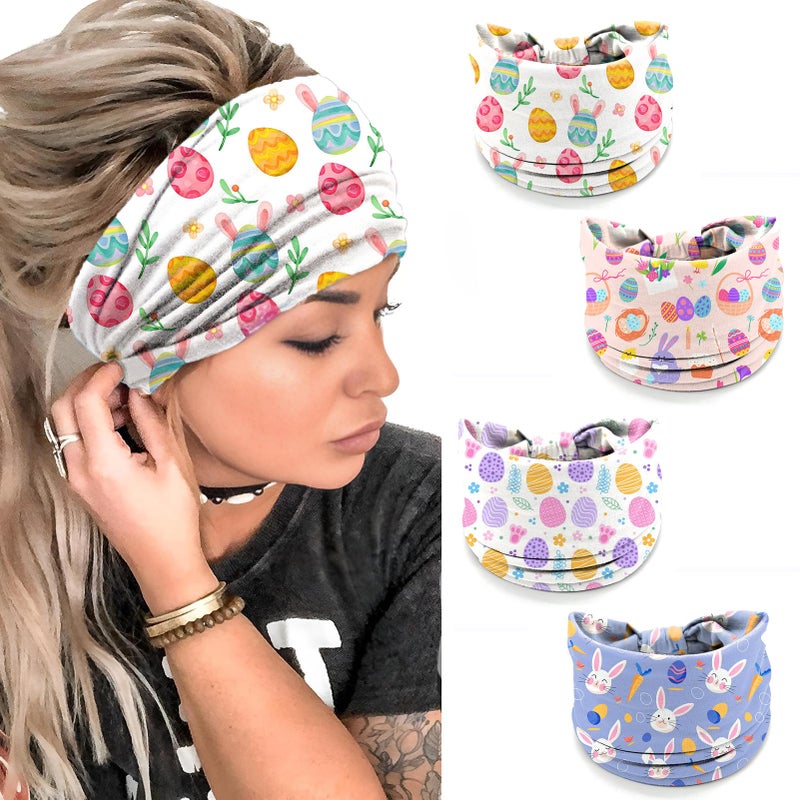winthrop 4 Pcs Easter Headbands for Women Blue White Wide Turban Dress Up Costume Breathable Stretchy Non Slip Head Wrap Rabbit Egg Printed Holiday Spring Summer Hair Band for Yoga Running Party - Image 3
